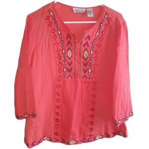 New Directions Women's Sz M Embroidered Blouse‎ 3/4 Sleeve Coral Boho Top Hippie